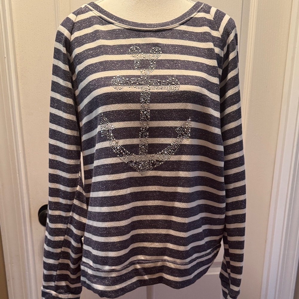 Women's Striped Anchor Crewneck Sweatshirt - Gray & White